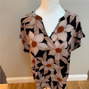 CAbi Black Floral V-Neck Top with Cream Petals and Brown Centers